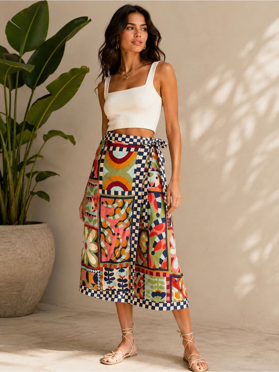 FARM Rio Dresses & Skirts - Farm Rio Wrap Midi Skirt PP XS Colorful Geometric Patchwork Made in Brazil